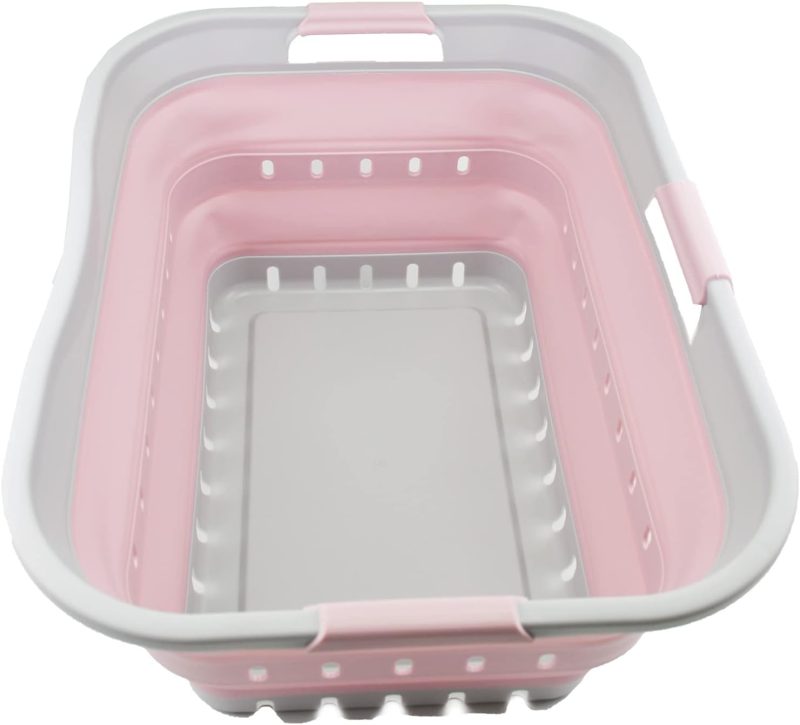 42L (11 gallon) Collapsible Plastic Laundry Basket - Foldable Pop Up Storage Container/Organizer - Portable Washing Tub - Space Saving Hamper/Basket (Grey/Pale Pink)