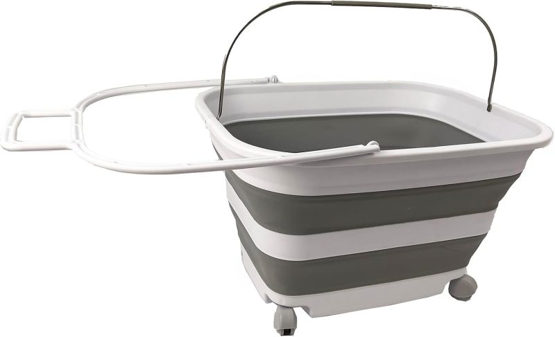 35L (9.24 Gallons) Collapsible Plastic Laundry Basket with Handle and Wheels - Foldable Pop Up Storage Container/Washing Tub - Space Saving (1, White/Grey)