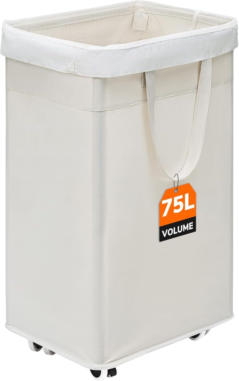 Collapsible Laundry Hamper on Wheels, 75L Clothes Laundry Basket with Removable Wash Bag for Dorms, Clothes Hamper with Handles, White