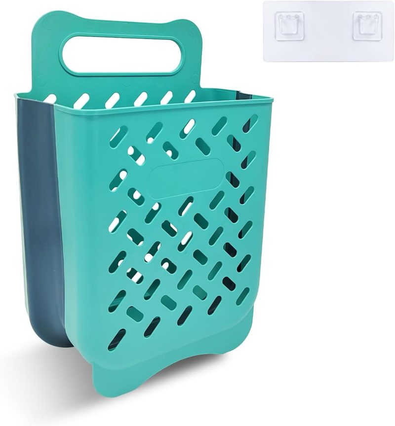 Laundry Hamper, Plastic Collapsible Laundry Basket, Portable Wall-Mounted Dirty Clothes Hamper with Hook Space-Saving Foldable Laundry Basket with for Room Storage & Organizing (Blue)