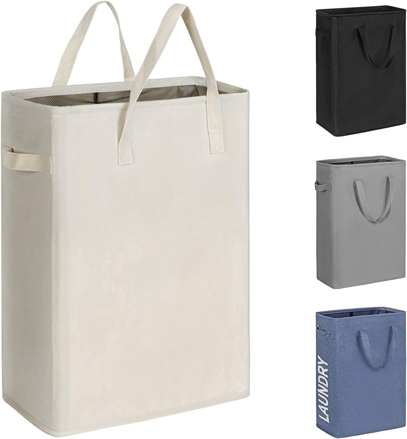 45L Slim Laundry Hamper Narrow Laundry Basket with Handle Foldable Dirty Clothes Portable Skinny Hamper Organizer Storage Bins (22 inches, beige)