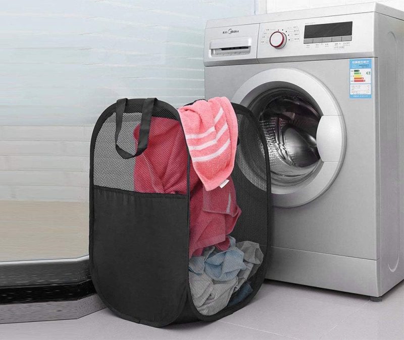 2 pop-up foldable mesh laundry baskets (each with 2 reinforced handles), black + blue… - Image 2