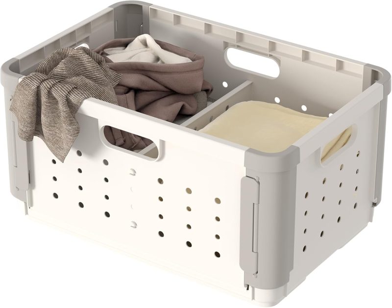 42L Plastic Laundry Basket with Divider for Pre-Sorting, Stackable Storage Bins with Hidden Wheel for Clothes Toy Storage, Portable Dirty Clothes Laundry Hamper, Storage Basket for Shelves