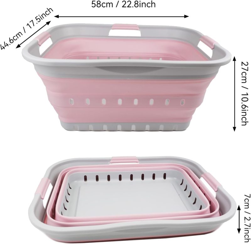 42L (11 gallon) Collapsible Plastic Laundry Basket - Foldable Pop Up Storage Container/Organizer - Portable Washing Tub - Space Saving Hamper/Basket (Grey/Pale Pink) - Image 2
