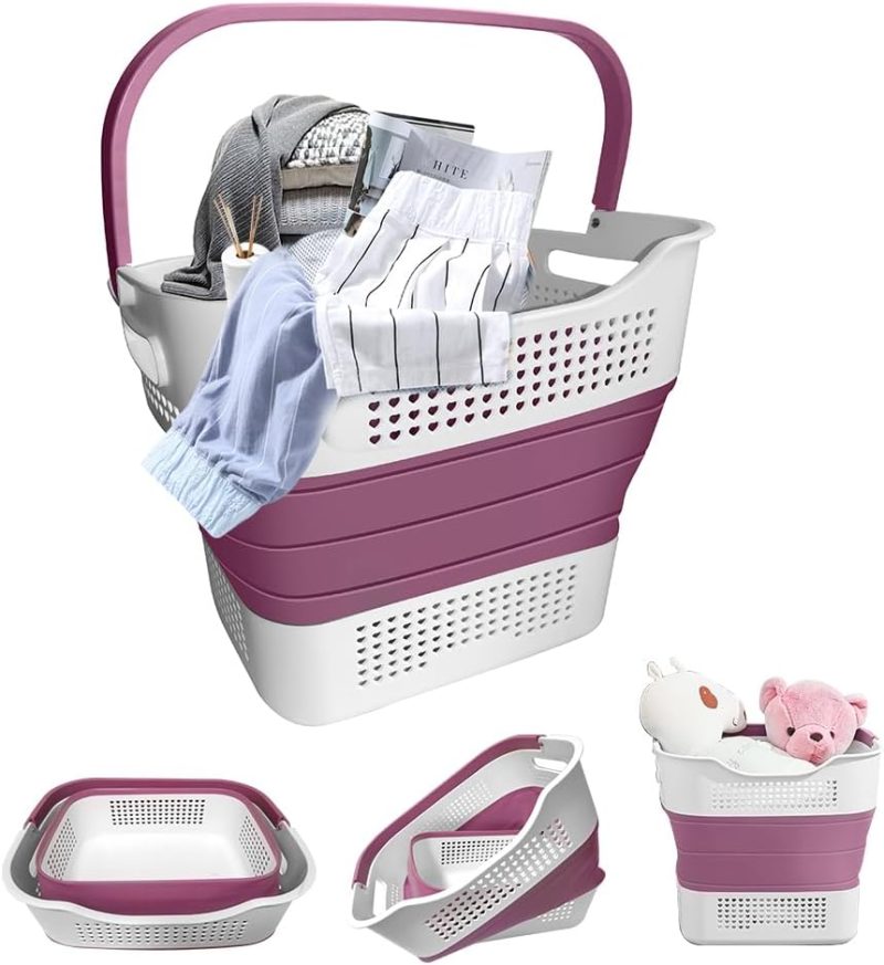 Collapsible Laundry Basket Pop Up Hamper with Handle for Adults Kids, 30L(8 Gallon) Foldable Plastic Clothes Storage Organizer Portable Clothing Washing Crate Tub, Space Saving Container Bin, Purple