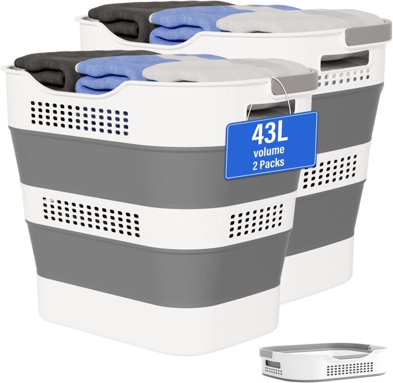 43L+43L Collapsible Laundry Baskets plastic, Pop Up Laundry hamper/Storage Container, Foldable Laundry Basket with Handles, Durable,Space Saver (Grey, 2 Packs)