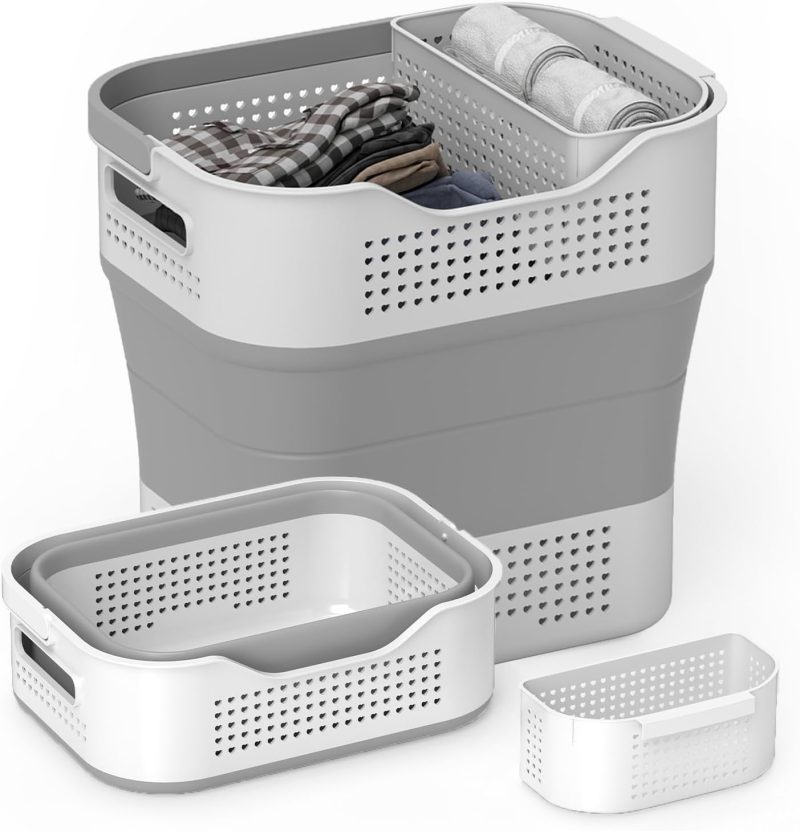 Collapsible Plastic Laundry Basket Hamper with Handles, 43L (11.5Gallon) Portable Rubber Clothes Basket, Pop Up Storage Container/Organizer with Hanging basket for Washing & Storage, Grey