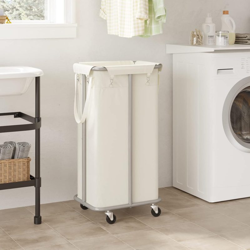 100L Rolling Laundry Hamper with Wheels Large Laundry Basket Organizer Laundry Cart with Steel Frame and Removable Bag Foldable Tall Dirty Clothes Hamper Dorm Room Storage for Bedroom (Beige) - Image 2