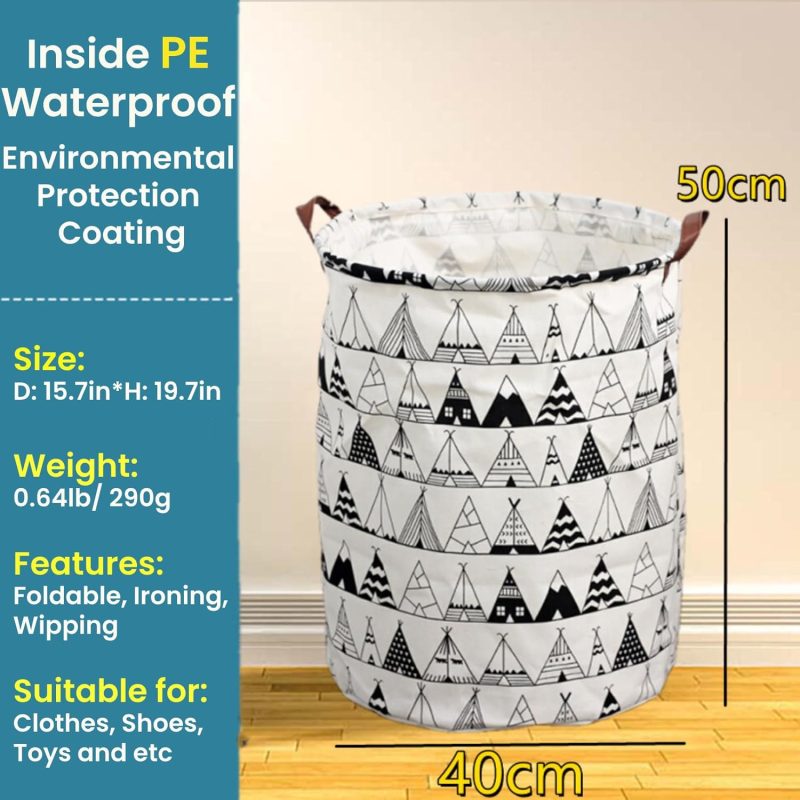 Large Storage Basket, Folding Laundry Hamper Canvas Laundry Basket with Waterproof PE Coating, Round Large Storage Baskets for Bedroom, Clothes, Toys - Image 2