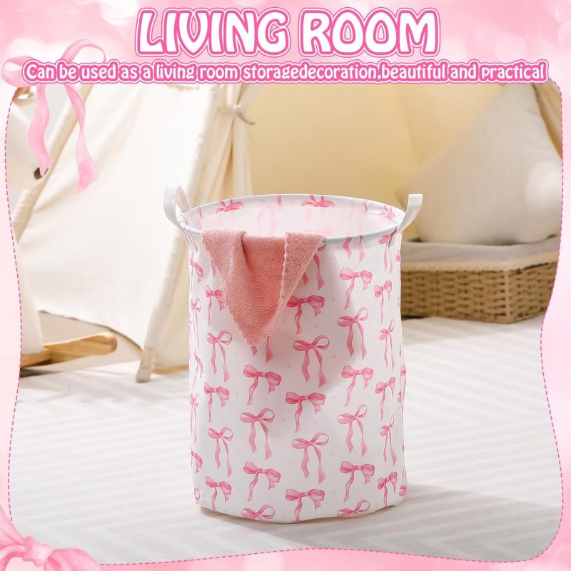 2 Pcs Pink Laundry Basket  Storage Basket for Girls Nursery Hamper with Handles Foldable Waterproof Collapsible Storage Bin Organizer for College Dorms Bathroom(Bow) - Image 2