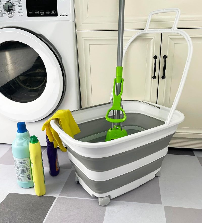 35L (9.24 Gallons) Collapsible Plastic Laundry Basket with Handle and Wheels - Foldable Pop Up Storage Container/Washing Tub - Space Saving (1, White/Grey) - Image 2