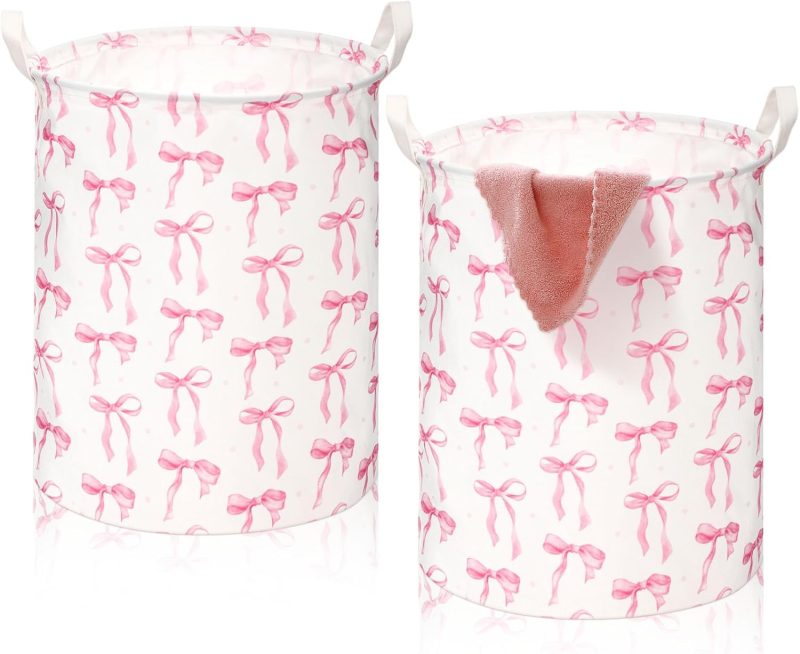2 Pcs Pink Laundry Basket  Storage Basket for Girls Nursery Hamper with Handles Foldable Waterproof Collapsible Storage Bin Organizer for College Dorms Bathroom(Bow)