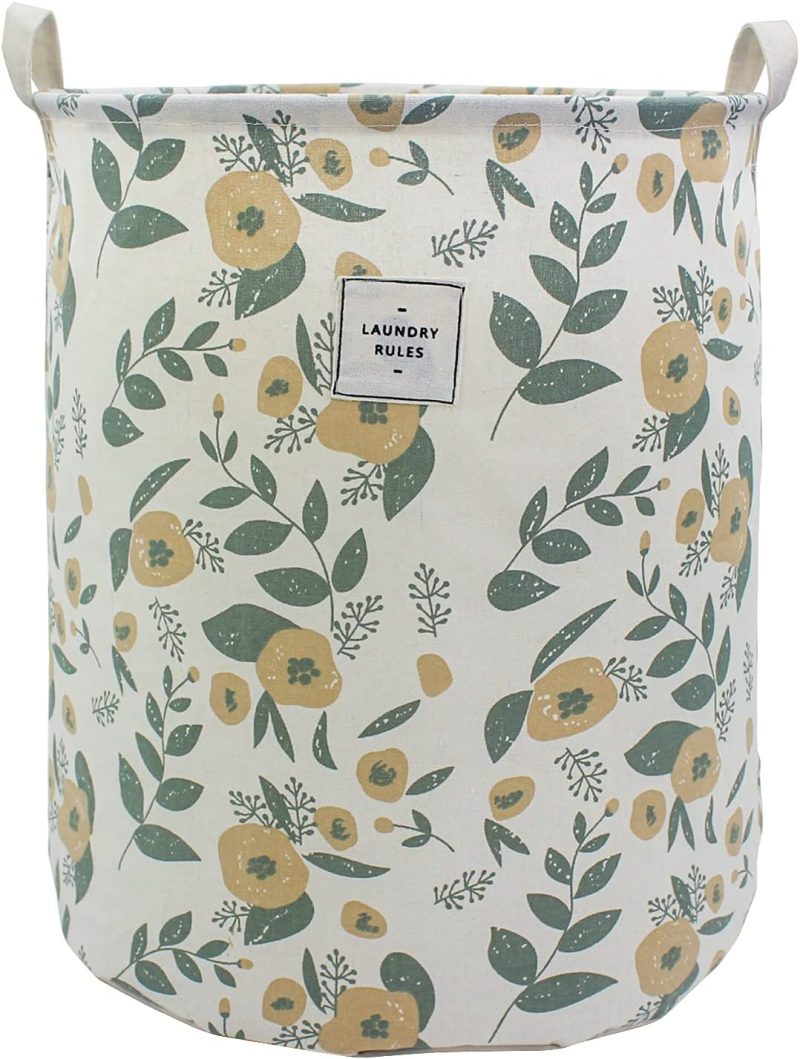 Collapsible Laundry Basket, Floral Printing Large Laundry Hamper for Baby Girls Kids Toys Clothes Organizer Foldable Storage Bin Waterproof Canvas Nursery Storage Basket with Handles (Green)