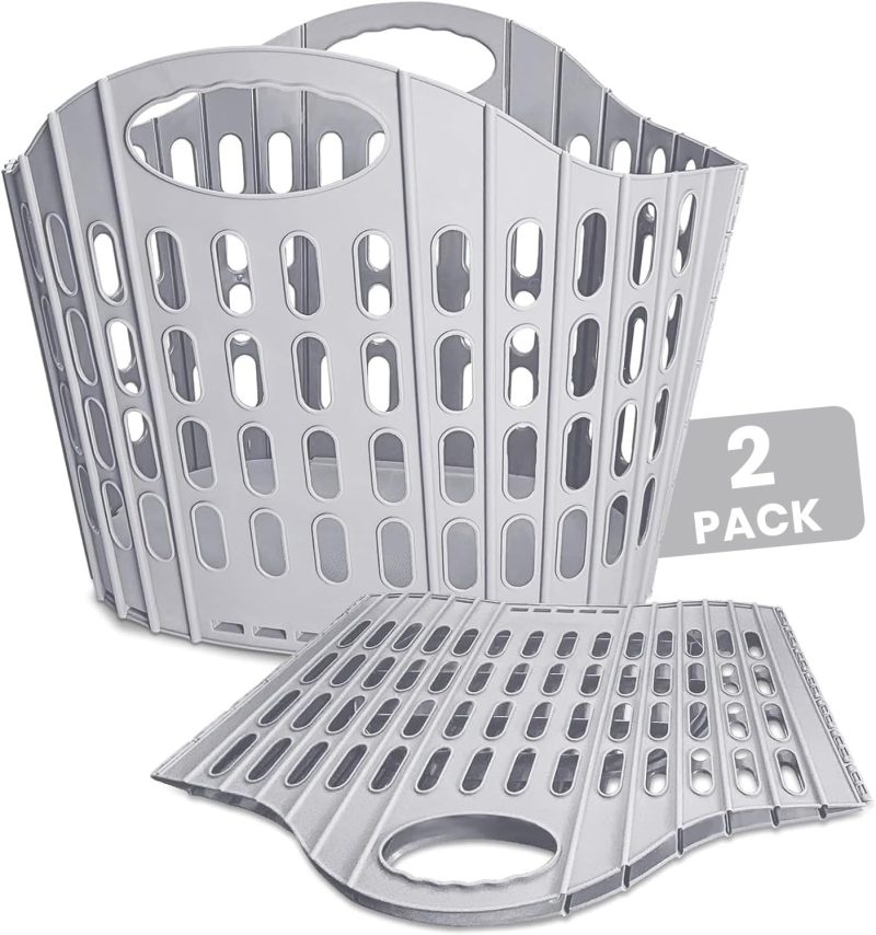 Collapsible Laundry Basket - 63L/16.6 Gallon Large Plastic With Carry Handle, Space-Saving, Foldable for Easy Storage, Home, Dorm, Travel Use (B/Grey, 2 Pack)