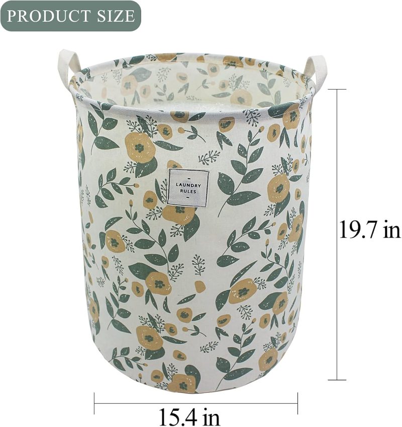 Collapsible Laundry Basket, Floral Printing Large Laundry Hamper for Baby Girls Kids Toys Clothes Organizer Foldable Storage Bin Waterproof Canvas Nursery Storage Basket with Handles (Green) - Image 2