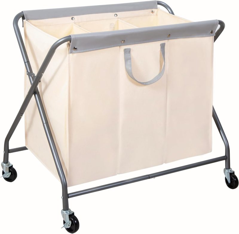 160L Collapsible Laundry Hamper with Wheels, Rolling Laundry Basket, Heavy Duty Laundry Sorter with Removable Bag, Folding X Frame Laundry Organizer Cart for Easy to Store, 3 Section