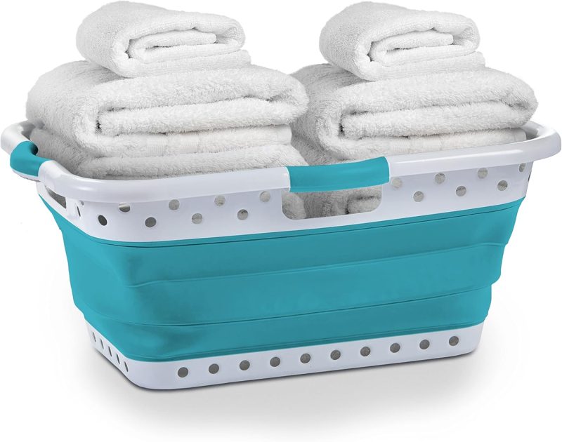 1 Large 25" Slim Collapsible Plastic Laundry Basket, Space Saving Portable Pop Up Storage & Organization Basket, 3" High When Folded, 3 Comfort Grip Handles, Teal