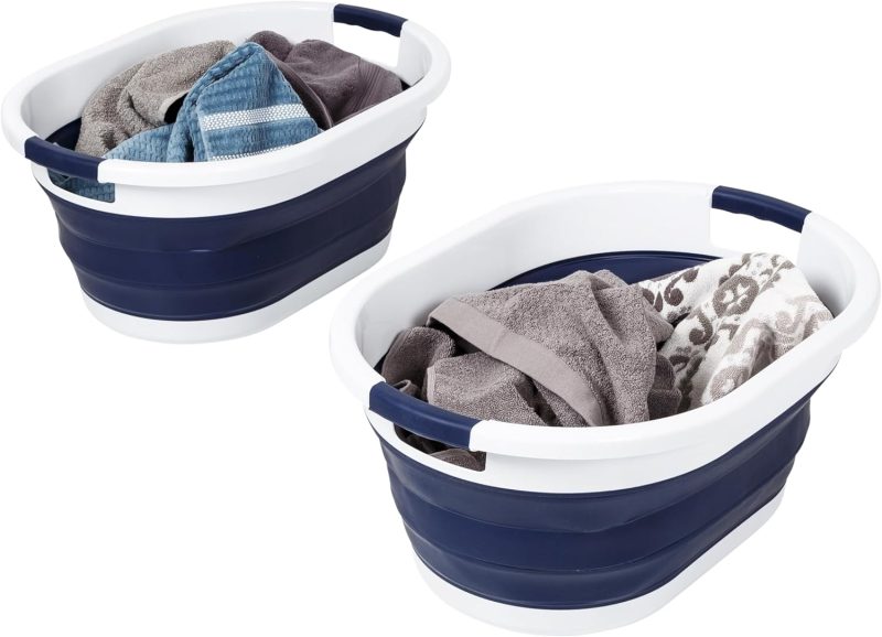 Set of 2 Collapsible Rubber Laundry Baskets With Handles, Navy Blue & White  Navy Blue
