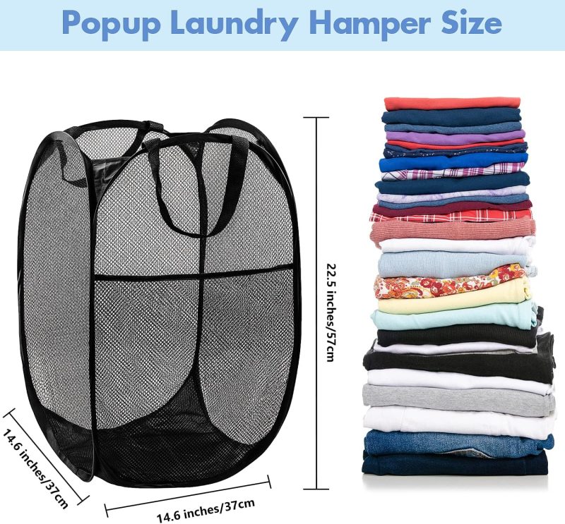 Pop Up Hamper, 1 PCS Mesh Pop Up Laundry Hamper, Foldable Mesh Laundry Basket with Space-Saving Design for Home, Dorm, Travel & Storage - Black - Image 2