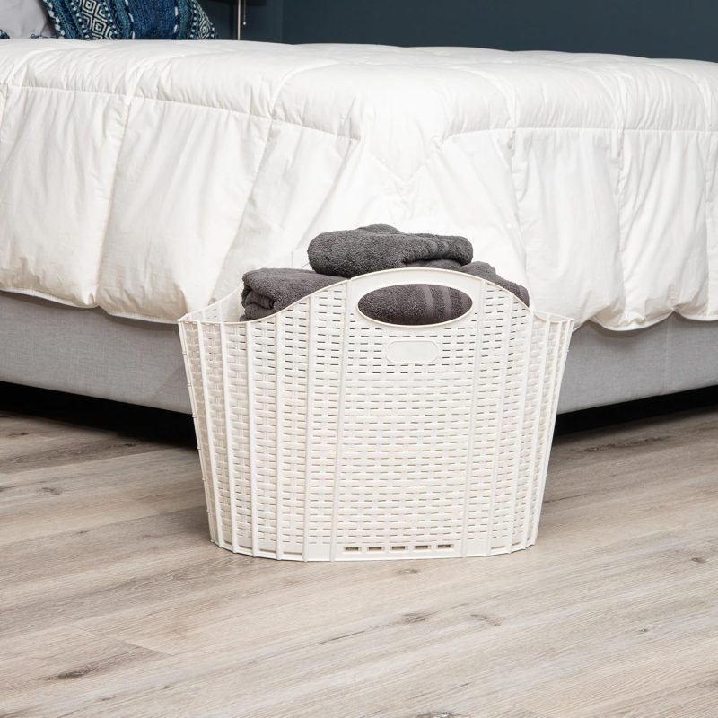 40L Collapsible Laundry Hamper, Clothes Basket, Premium Wicker Design, Plastic, 21.5"L x 15"W x 15.25"H, Ivory - Image 2