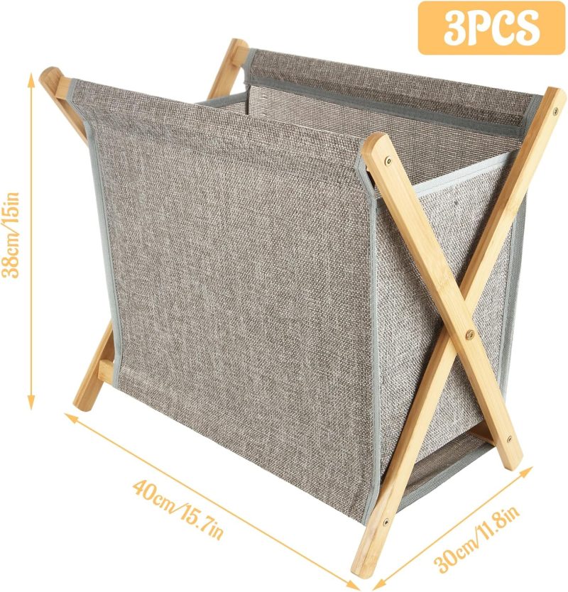 3 PCS Bamboo Laundry Hamper, X-Frame Laundry Basket, Laundry Hamper with Removable Bag, Foldable Laundry Basket for Household-Gery - Image 2