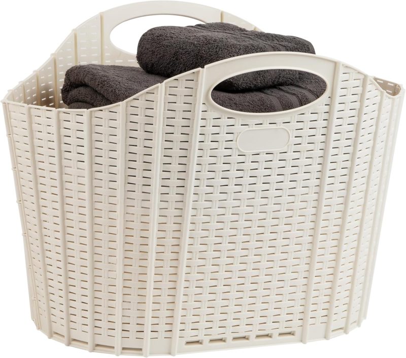 40L Collapsible Laundry Hamper, Clothes Basket, Premium Wicker Design, Plastic, 21.5"L x 15"W x 15.25"H, Ivory