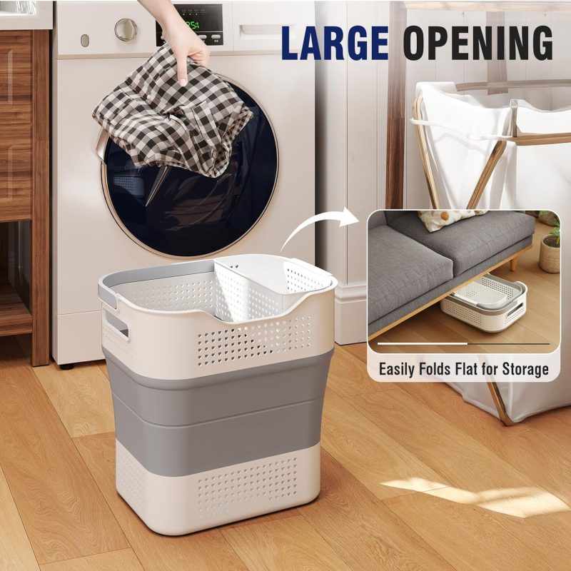 Collapsible Plastic Laundry Basket Hamper with Handles, 43L (11.5Gallon) Portable Rubber Clothes Basket, Pop Up Storage Container/Organizer with Hanging basket for Washing & Storage, Grey - Image 2