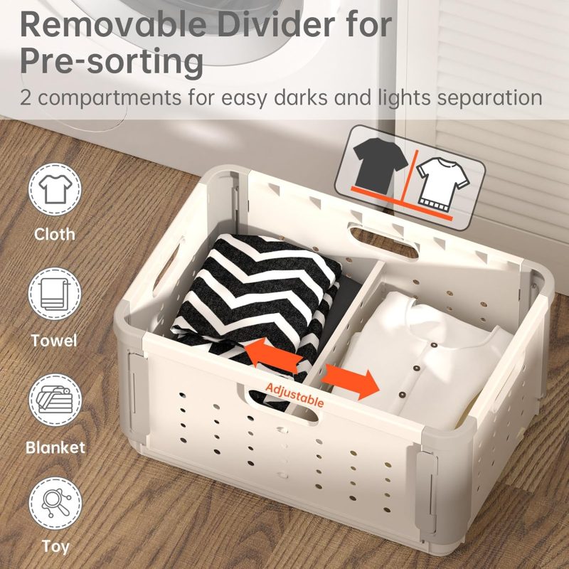 42L Plastic Laundry Basket with Divider for Pre-Sorting, Stackable Storage Bins with Hidden Wheel for Clothes Toy Storage, Portable Dirty Clothes Laundry Hamper, Storage Basket for Shelves - Image 2