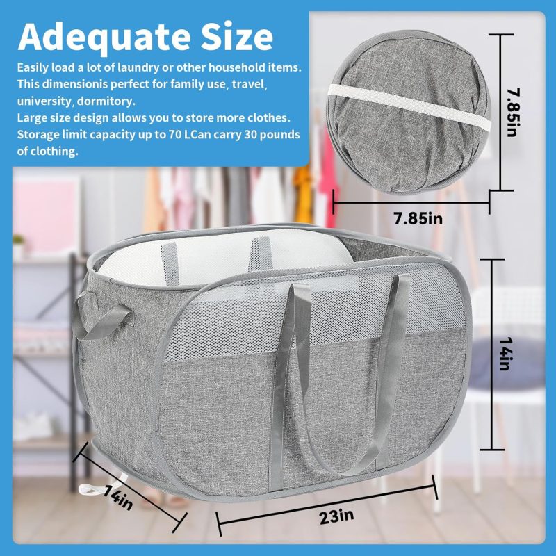 Collapsible Laundry Baskets, 2Pack  Mesh Laundry Hamper Pop Up Laundry Hamper with Reinforced Handles for Kids Room, Students College Dorm, Home, Travel & Camping (Grey and Black) - Image 2